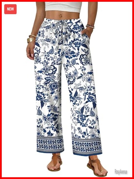 Pants - Wide Leg Palazzo Pants Drawstring Elastic Waist with Pockets Summer